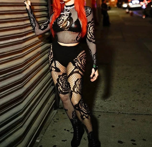 Mesh Sheer Two Piece Set Women Clothes 2024 Long Sleeve Crop Top Sexy Club Black See Through Legging Pants Set