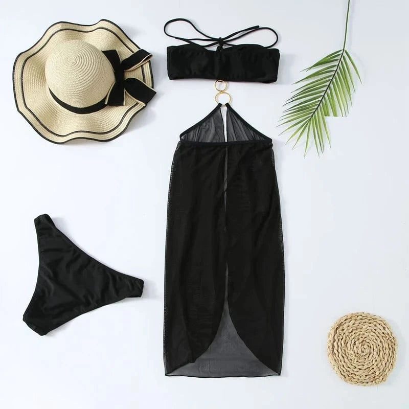 Mesh Swimsuit Sexy Strings Swimwear Women 3 Piece Bikini Beach Wedding Wear Beach Cover Up Dress 2024 Summer Bathing Suit Ring