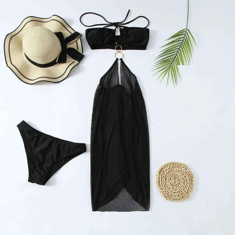 Mesh Swimsuit Sexy Strings Swimwear Women 3 Piece Bikini Beach Wedding Wear Beach Cover Up Dress 2024 Summer Bathing Suit Ring