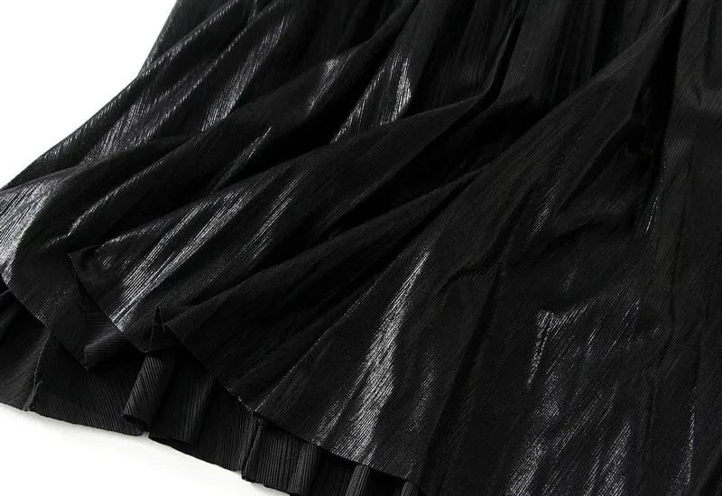 Metal Color Pleated Maxi Skirt 2024 Spring Elastic High Waist Harajuku Large Swing Gold Long Skirts For Women Saias