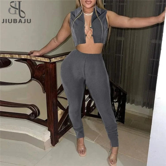 Metal Decorative Hollow Out Two Piece Set Sexy Polo Neck Sleeveless Tanks+Bodycon Pants