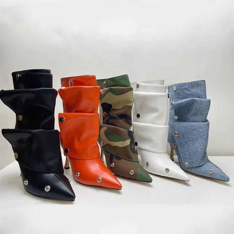 Metal Rivets Loose Pleated Upper Shoes Thin High Heels Pointed Toe Denim Ankle Boots Women's Wide Fit Short Booties