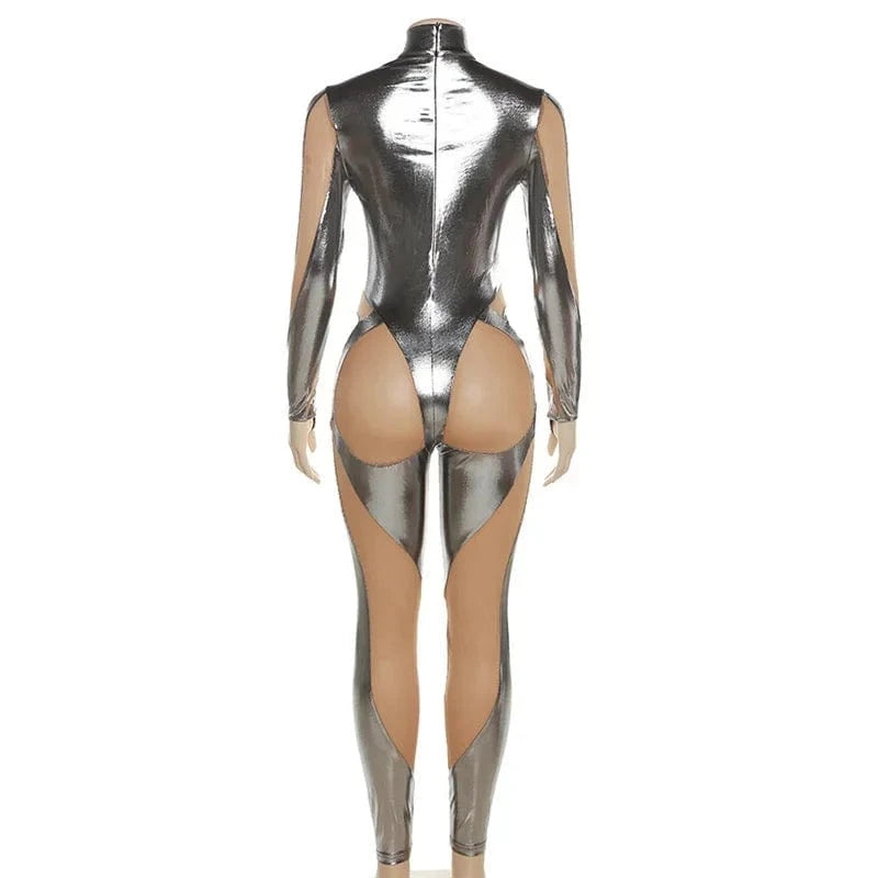 Metallic Striped Patchwork Mesh See Through Nightclub Jumpsuit Women Long Sleeve Skinny Party Birthday Outfit One Pieces Romper