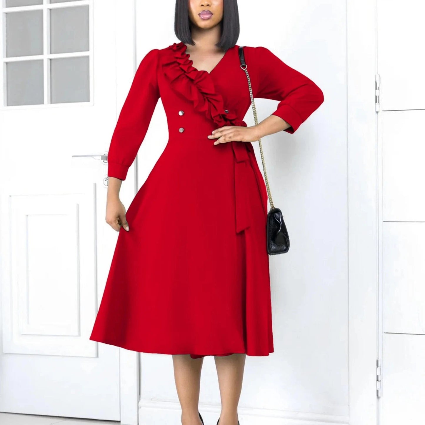 MG483 Latest Design Elegant Casual Dresses Women Fashion Solid Color Ruffle V-neck Ruched A-line Spring Dresses Women 2024