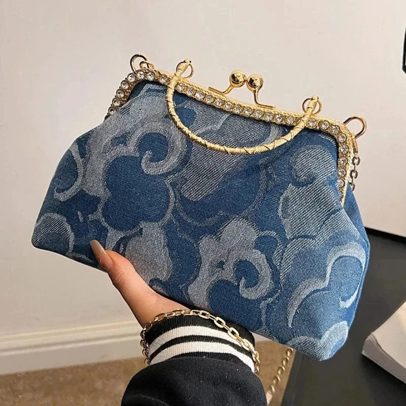 Mid-Blue 2024 New Vintage Women Crystal Denim Chain Shoulder Bags Metal Handle Kiss Lock Crossbody Bags Kiss Lock Frame Evening Clutch