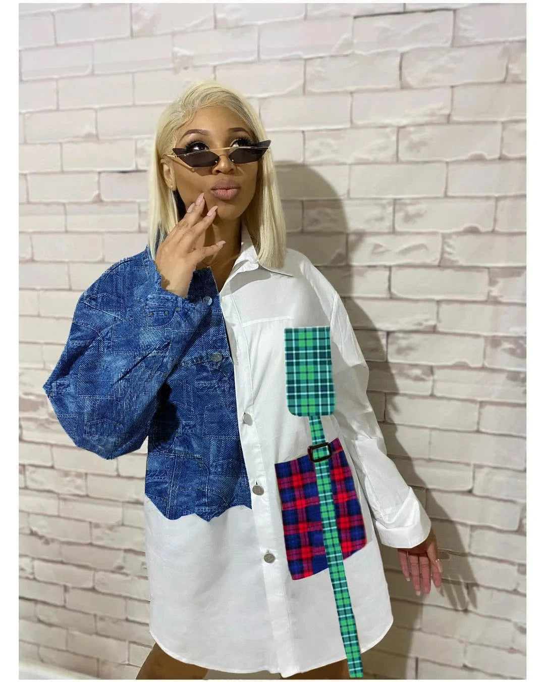 Mid-length stitching denim shirt long-sleeved dress ladies fashion T-shirt plaid suit autumn ladies dress plus size can be worn