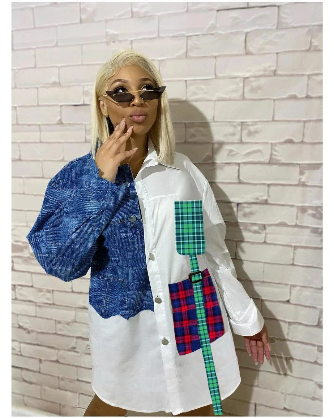 Mid-length stitching denim shirt long-sleeved dress ladies fashion T-shirt plaid suit autumn ladies dress plus size can be worn