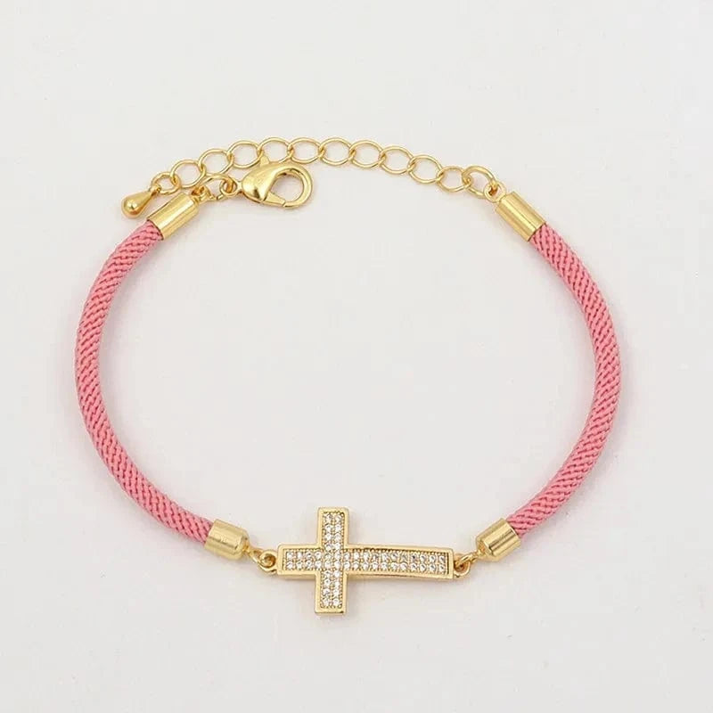 MILAN / 2030-Cross Pink New Fashion Cross Heart Charm Bracelet Women Pave Zirconia Adjustable Colorful Rope Bracelet For Women Jewelry Gift