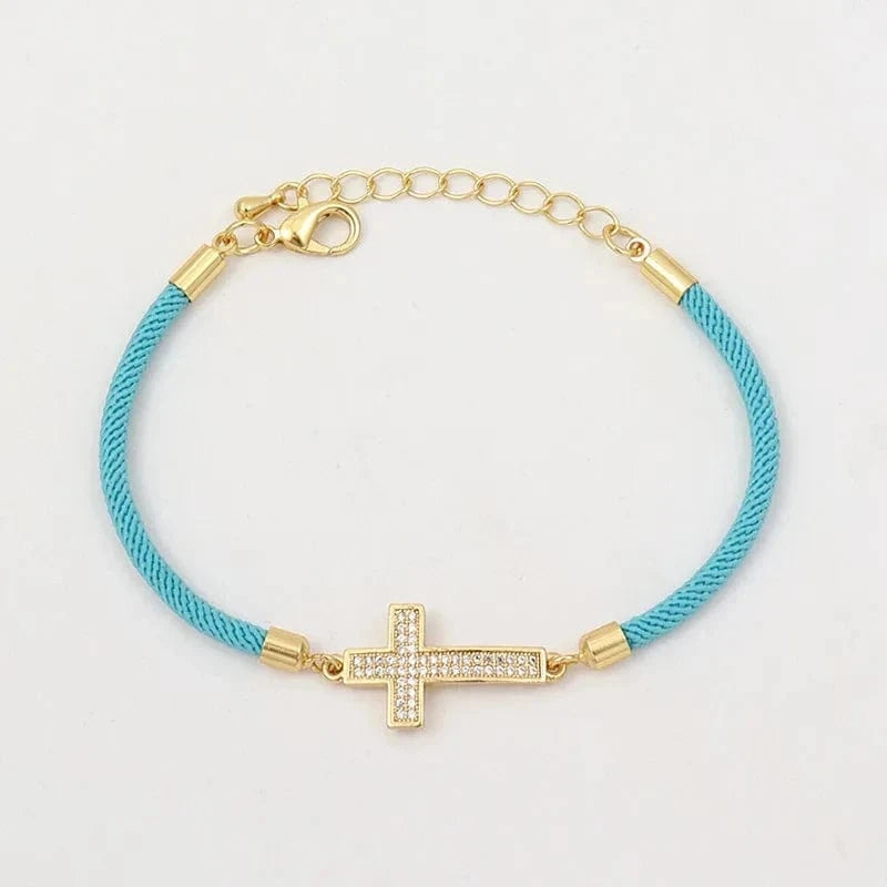 MILAN / 2030-Cross Sky Blue New Fashion Cross Heart Charm Bracelet Women Pave Zirconia Adjustable Colorful Rope Bracelet For Women Jewelry Gift