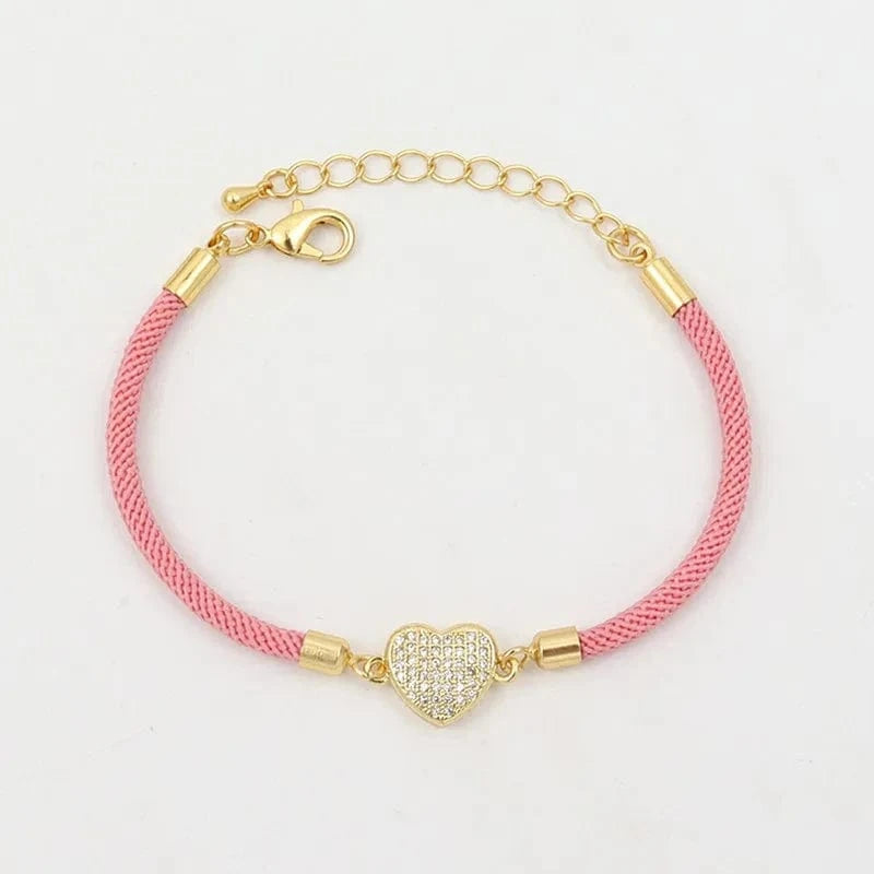 MILAN / 2030-Heart Pink New Fashion Cross Heart Charm Bracelet Women Pave Zirconia Adjustable Colorful Rope Bracelet For Women Jewelry Gift
