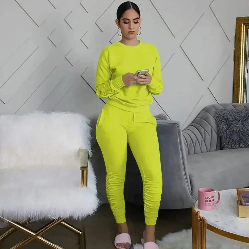 Mint / XXL New round Neck Long Sleeve Slim Fit Warm Top Elastic Waistband Lace-up Trousers Simple Solid Color Sports Two-Piece Set