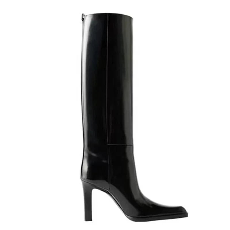 Mirror Patent Long Booties Women Slip On Knee High Boots Black Shiny Shoes Pointed Toe Small Chunky Heels Unique Design