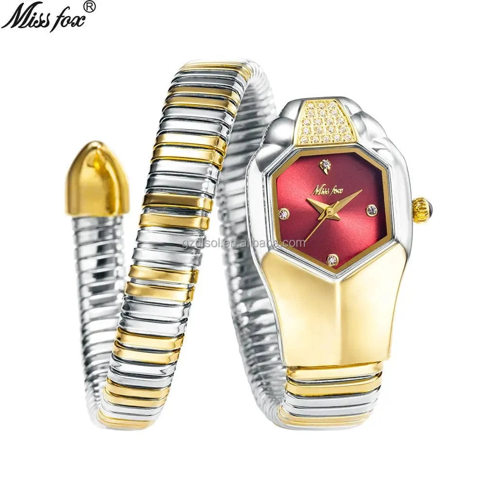 MISSFOX 2809 Women's Watches Unique Snake Shape Luxury Wrist Watch For Women Gold Quartz Ladies Watch Clock Relogio Feminino