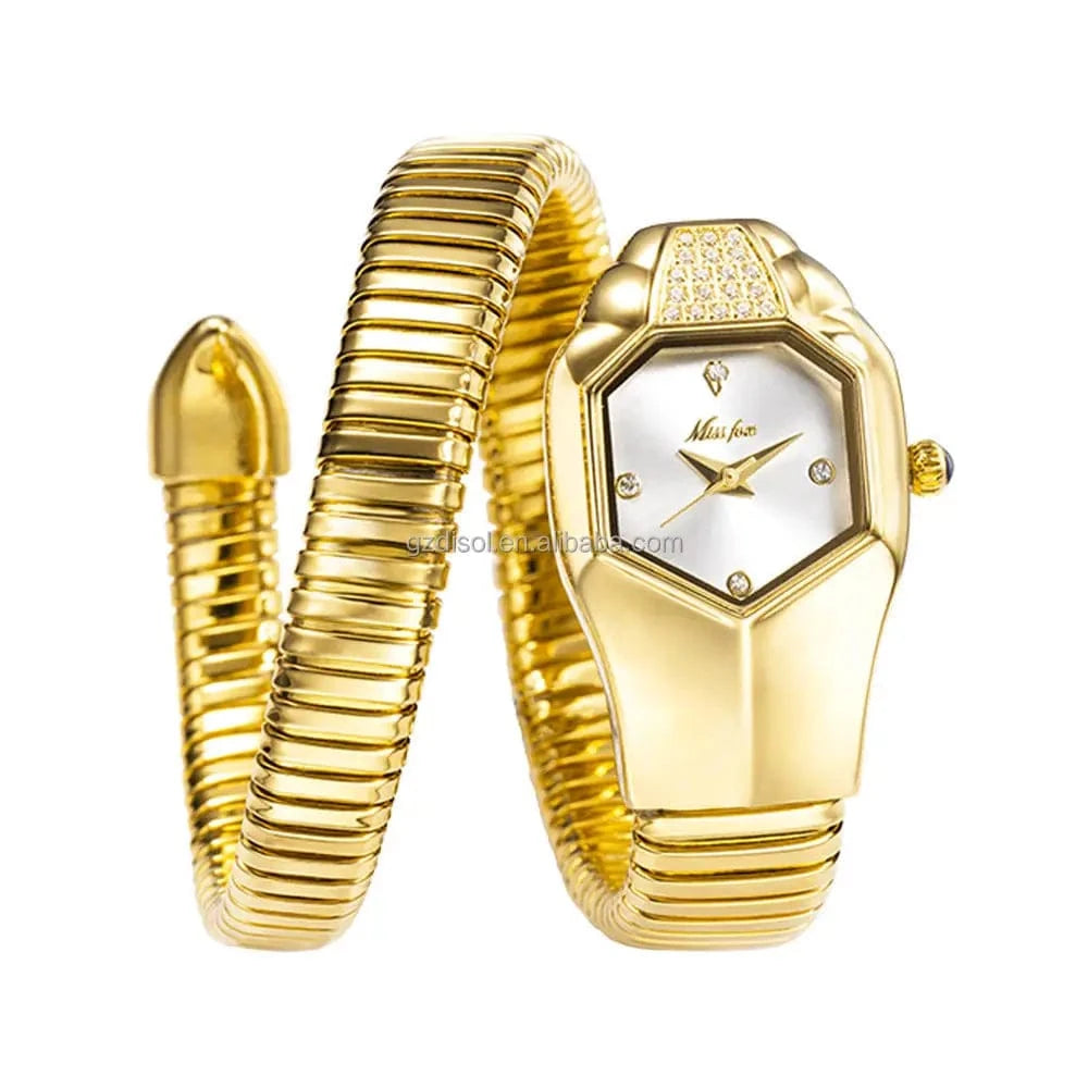 MISSFOX 2809 Women's Watches Unique Snake Shape Luxury Wrist Watch For Women Gold Quartz Ladies Watch Clock Relogio Feminino