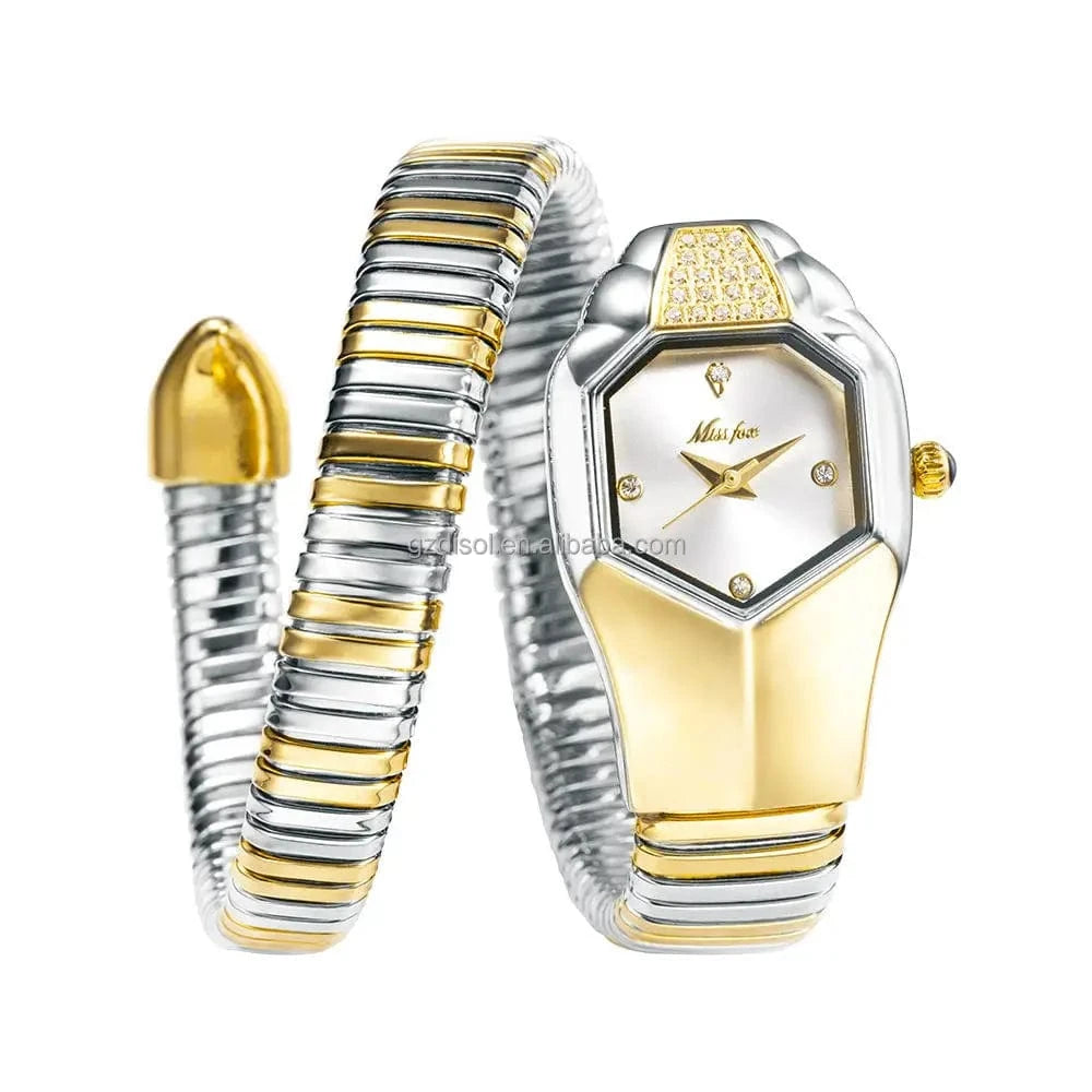 MISSFOX 2809 Women's Watches Unique Snake Shape Luxury Wrist Watch For Women Gold Quartz Ladies Watch Clock Relogio Feminino