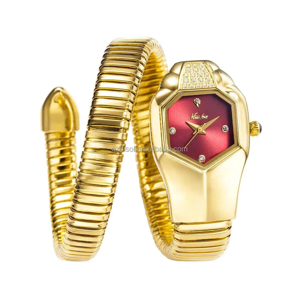MISSFOX 2809 Women's Watches Unique Snake Shape Luxury Wrist Watch For Women Gold Quartz Ladies Watch Clock Relogio Feminino