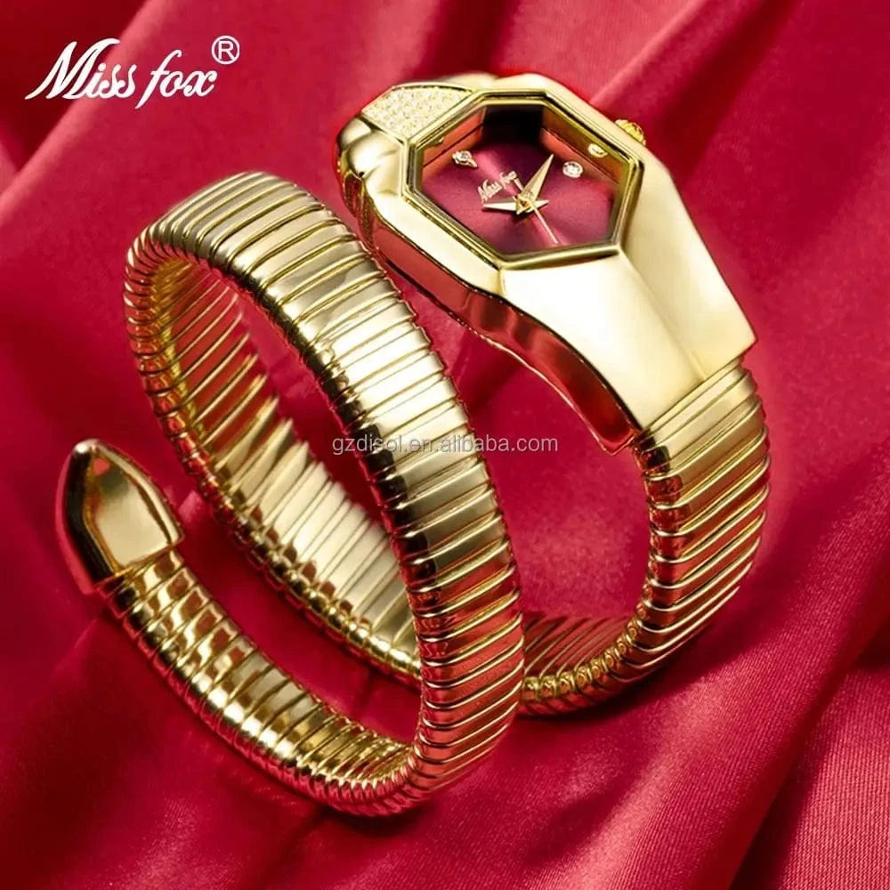 MISSFOX 2809 Women's Watches Unique Snake Shape Luxury Wrist Watch For Women Gold Quartz Ladies Watch Clock Relogio Feminino