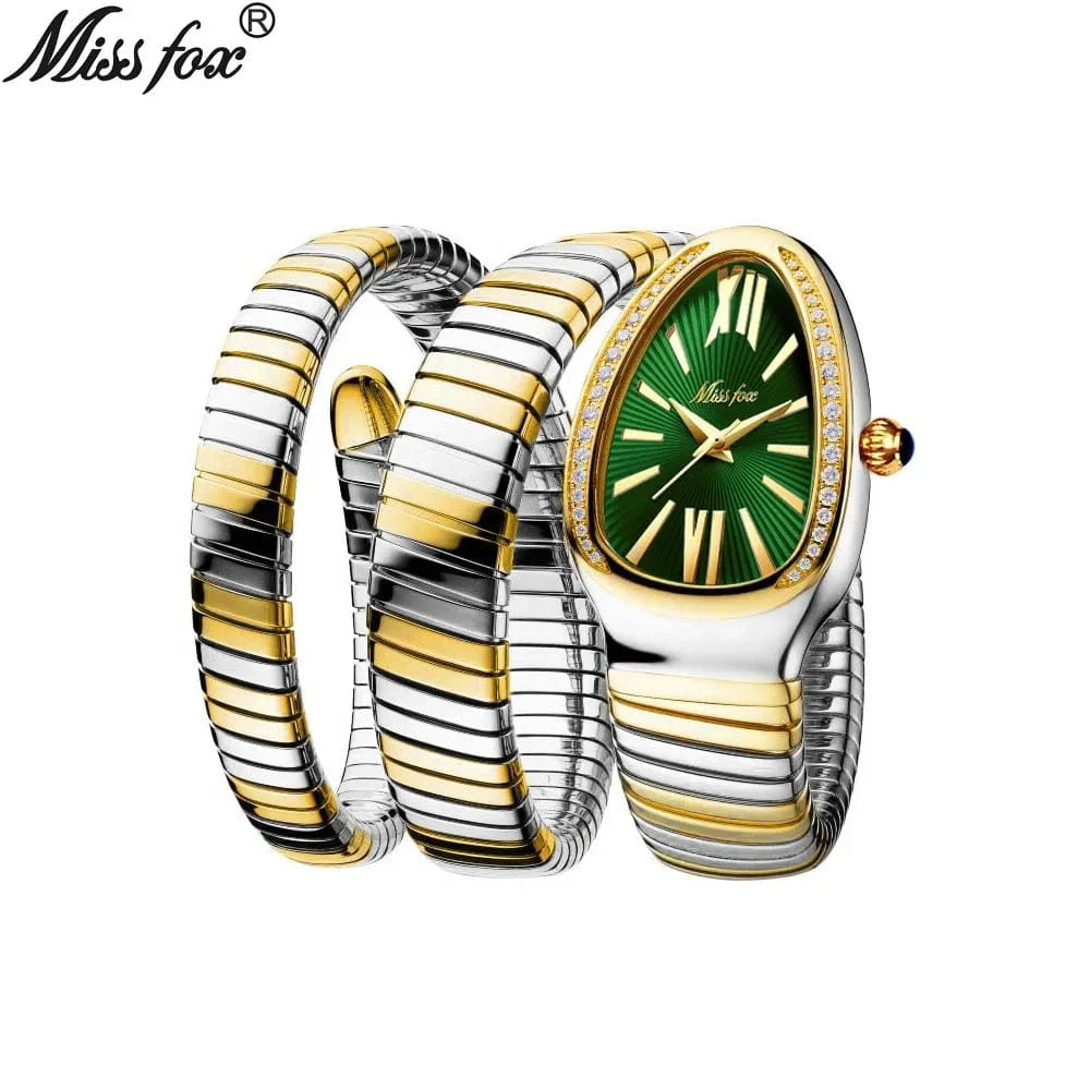 MISSFOX Women's Watches Double Bracelet Snake Shape Luxury Stainless Steel Wristwatch Japanese Quartz Ladies Watch