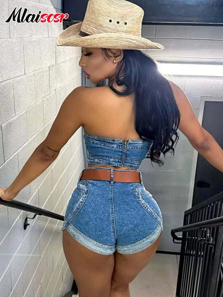 Mlaiscsr Blue Denim Patchwork Off Shoulder Crop Top and Shorts 2 Piece Jeans Sets Women Sexy Beach Vacation Party Club Outfit