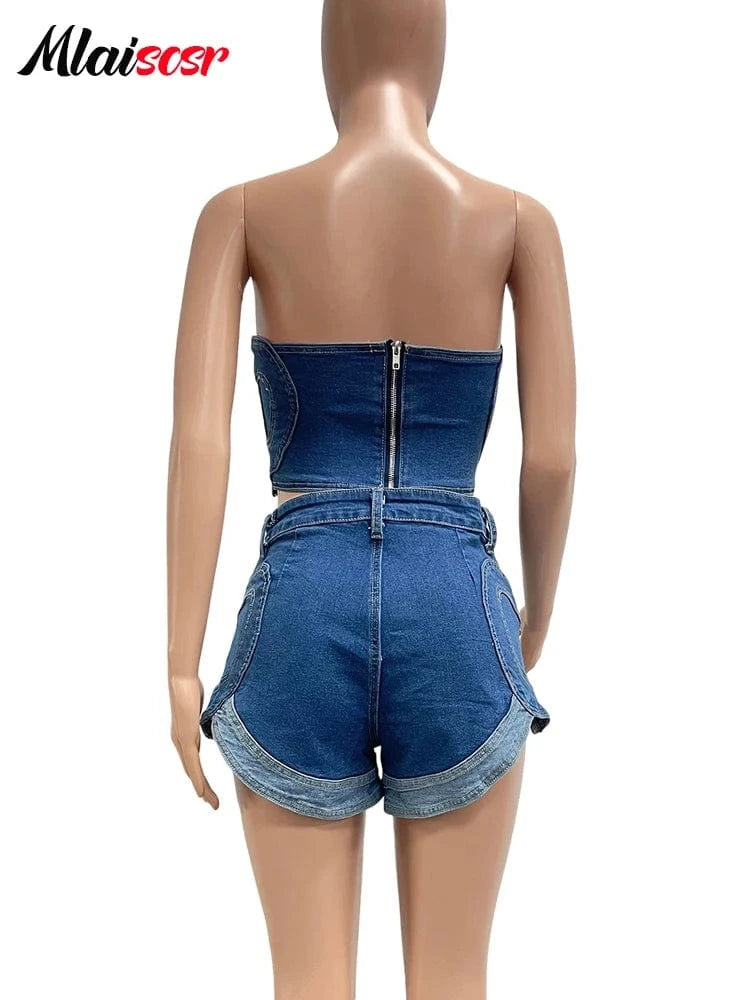 Mlaiscsr Blue Denim Patchwork Off Shoulder Crop Top and Shorts 2 Piece Jeans Sets Women Sexy Beach Vacation Party Club Outfit