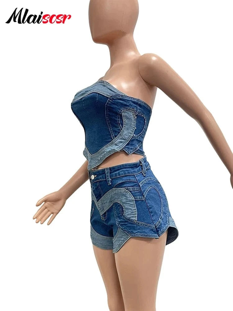 Mlaiscsr Blue Denim Patchwork Off Shoulder Crop Top and Shorts 2 Piece Jeans Sets Women Sexy Beach Vacation Party Club Outfit
