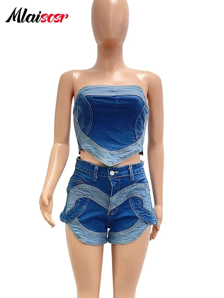 Mlaiscsr Blue Denim Patchwork Off Shoulder Crop Top and Shorts 2 Piece Jeans Sets Women Sexy Beach Vacation Party Club Outfit