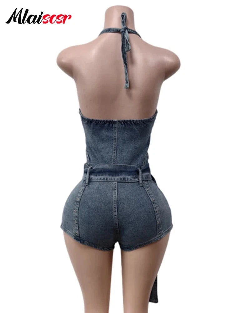 Mlaiscsr Blue Sleeveless Halter Backless Zipper Sashes Playsuits Jean Summer Women Fashion Streetwear Denim Shorts Jumpsuit y2k