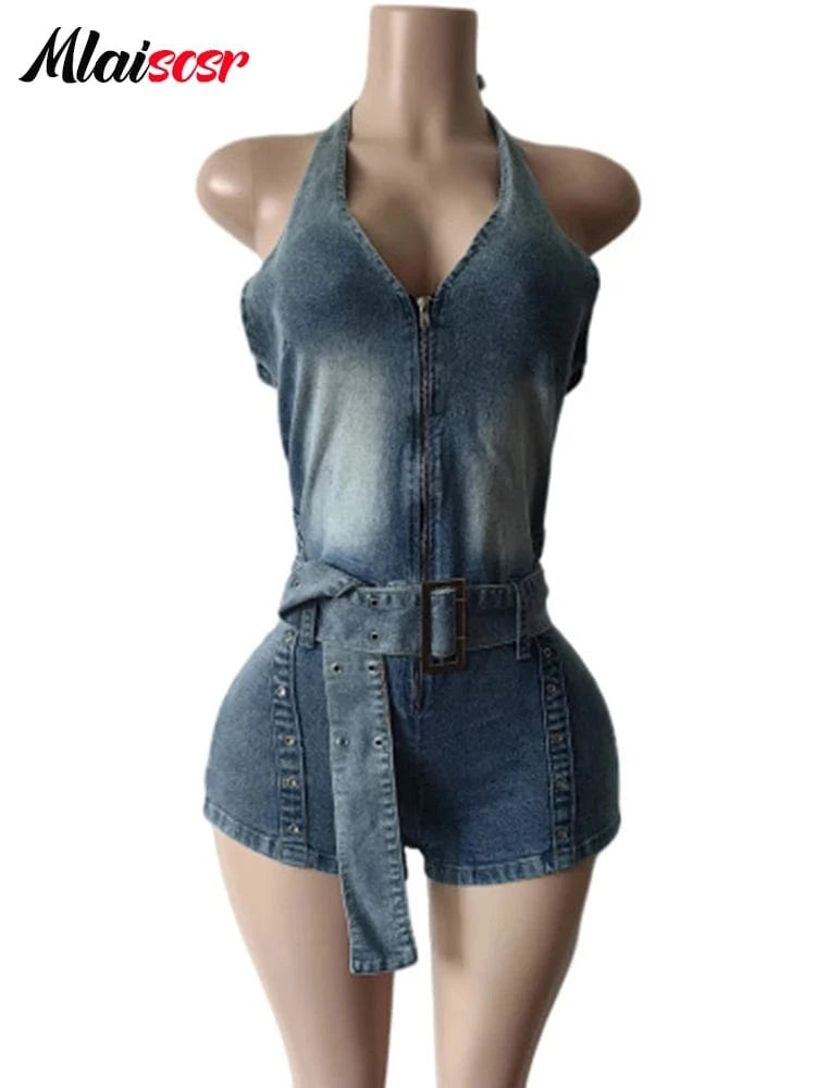 Mlaiscsr Blue Sleeveless Halter Backless Zipper Sashes Playsuits Jean Summer Women Fashion Streetwear Denim Shorts Jumpsuit y2k