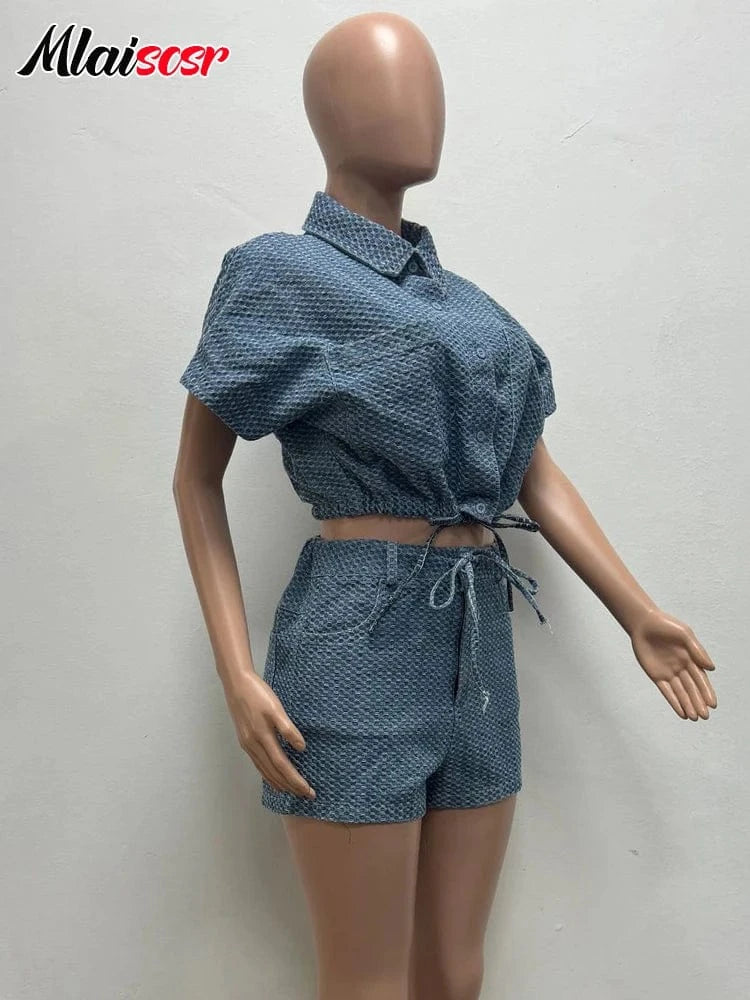 Mlaiscsr Fashion Blue Denim Splicing Shorts 2 Piece Sets Women Short Sleeve Crop Jacket and Short Pants Casual Streetwear Outfit