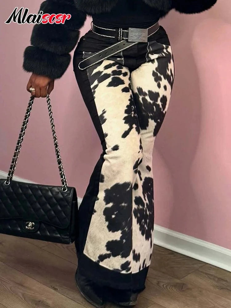 Mlaiscsr Fashion High Street Printed Patchwork Stretch Jeans Women Sales Button Boot Cut Denim Flare Pants Boyfriend Trousers