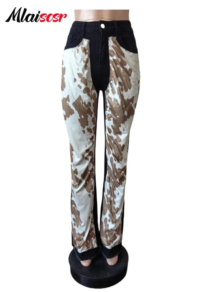 Mlaiscsr Fashion High Street Printed Patchwork Stretch Jeans Women Sales Button Boot Cut Denim Flare Pants Boyfriend Trousers