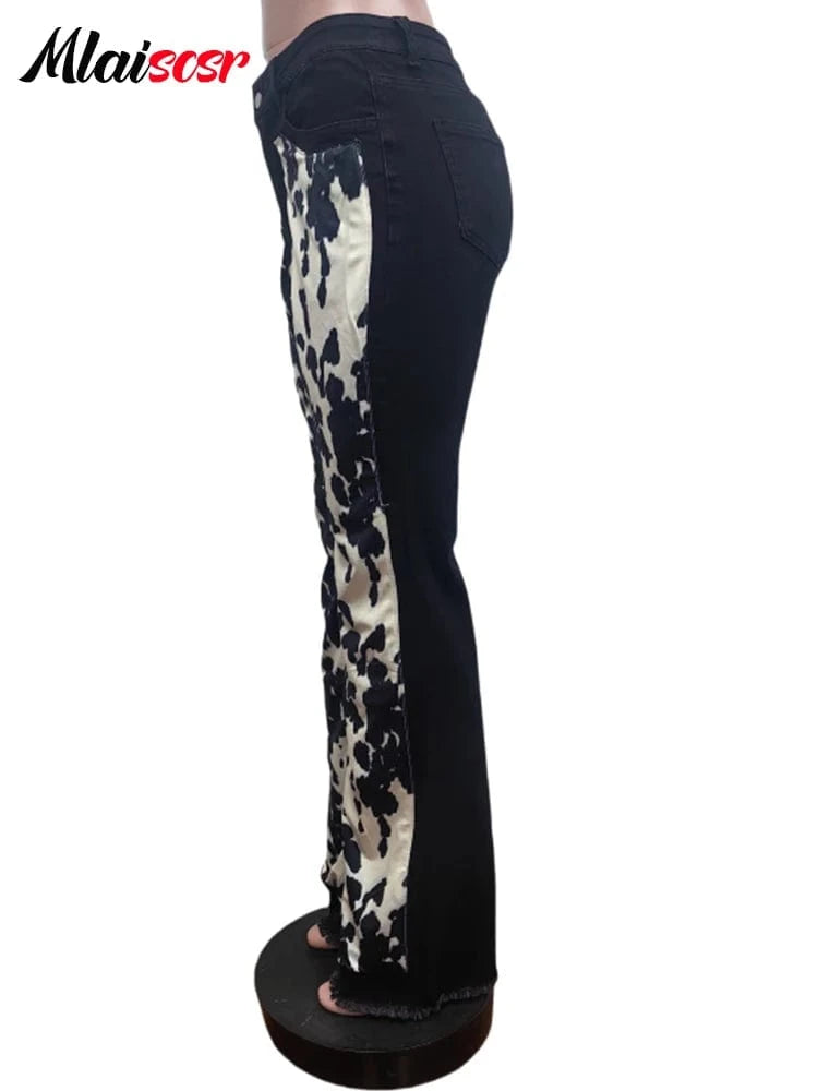 Mlaiscsr Fashion High Street Printed Patchwork Stretch Jeans Women Sales Button Boot Cut Denim Flare Pants Boyfriend Trousers