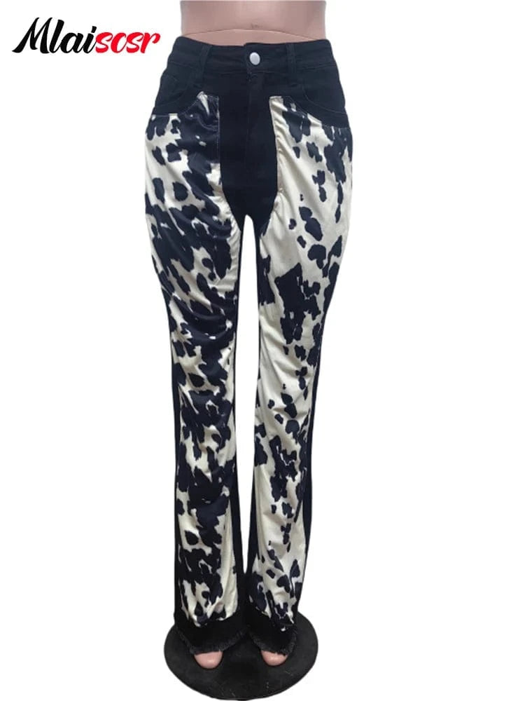 Mlaiscsr Fashion High Street Printed Patchwork Stretch Jeans Women Sales Button Boot Cut Denim Flare Pants Boyfriend Trousers