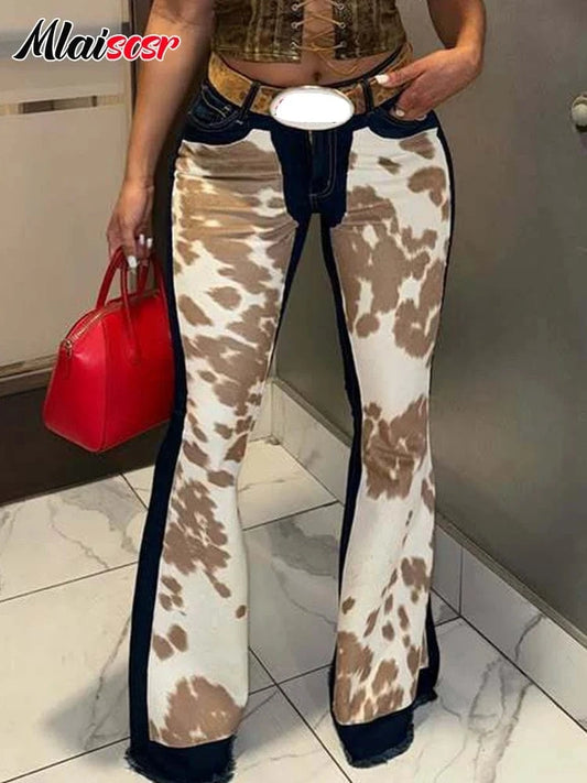 Mlaiscsr Fashion High Street Printed Patchwork Stretch Jeans Women Sales Button Boot Cut Denim Flare Pants Boyfriend Trousers
