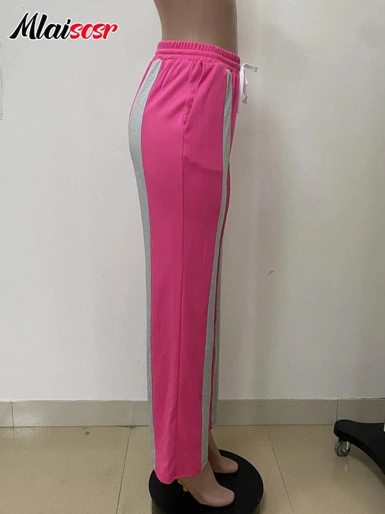 Mlaiscsr Fashion Pink Patchwork Loose Wide Leg Pants Women Drawstring High Waist Trousers Casual Streetwear Bottoms Sweatpants