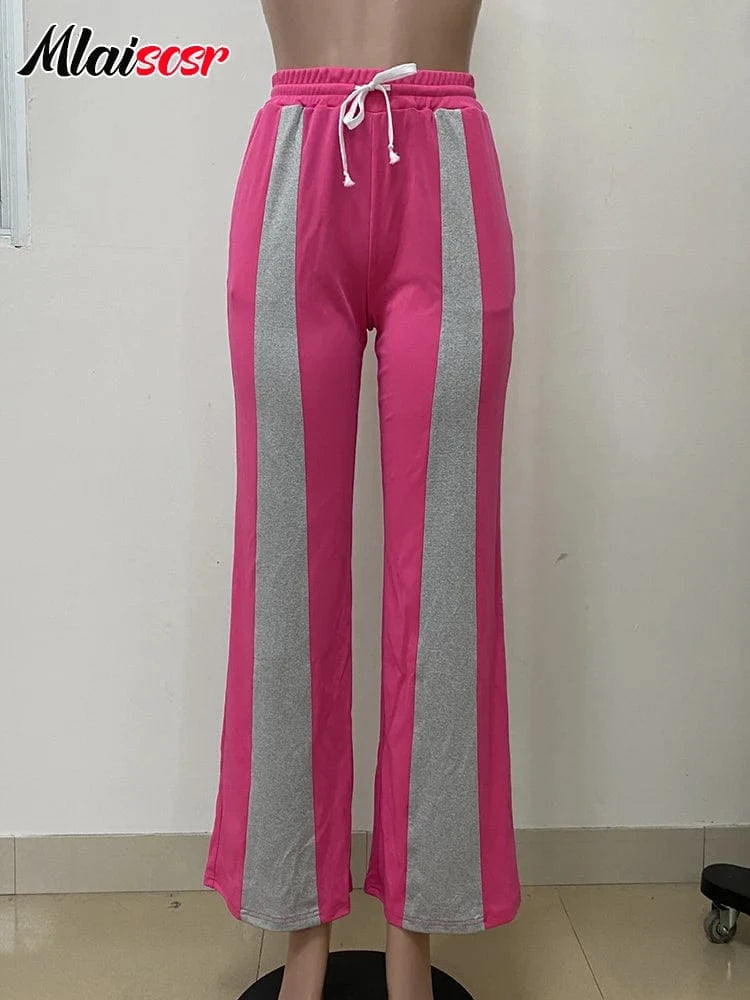Mlaiscsr Fashion Pink Patchwork Loose Wide Leg Pants Women Drawstring High Waist Trousers Casual Streetwear Bottoms Sweatpants