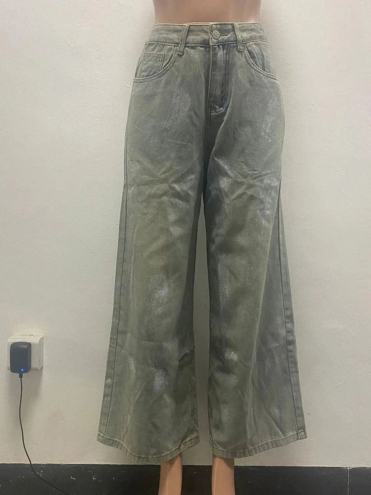 Mlaiscsr High Waist Silver Coating Baggy Jeans Straight Wide Leg Denim Pants Women's New Loose Trousers Y2K Metallic Clothing