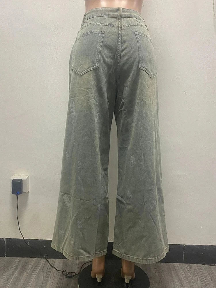 Mlaiscsr High Waist Silver Coating Baggy Jeans Straight Wide Leg Denim Pants Women's New Loose Trousers Y2K Metallic Clothing