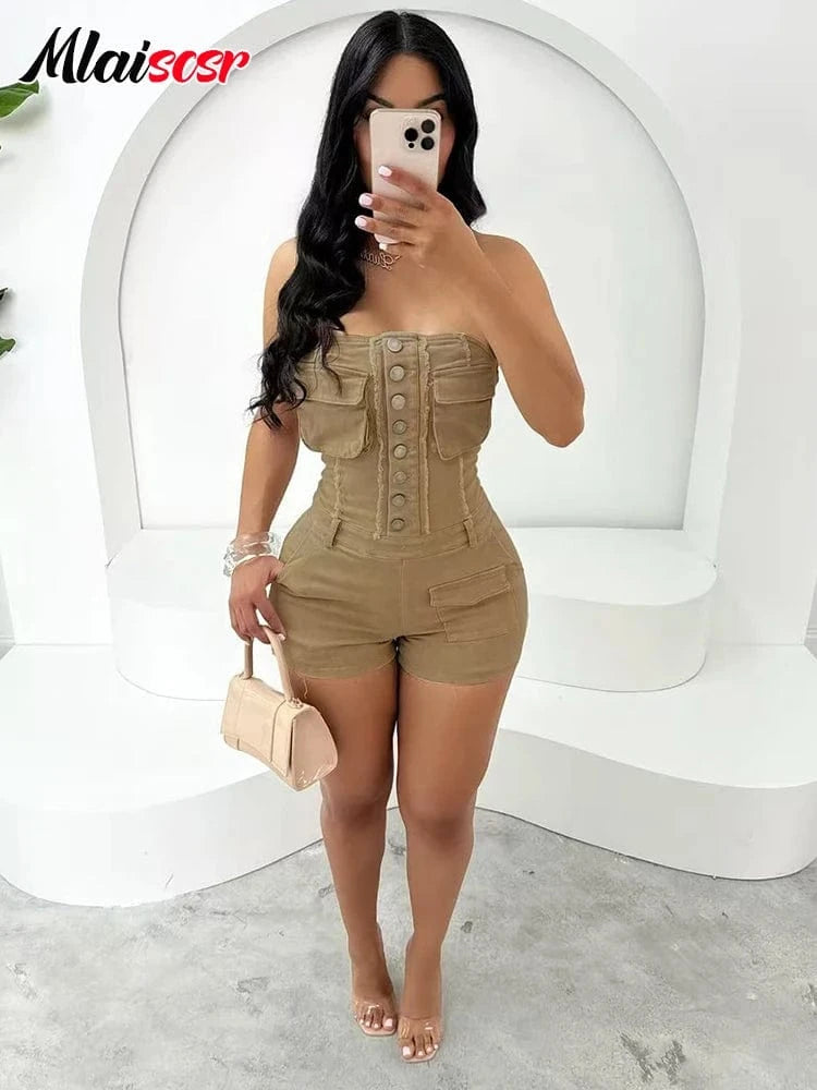 Mlaiscsr Sexy Off Shoulder Bodycon One Pieces Rompers Women Button Sleeveless Slim Cargo Short Pants Jumpsuits Club Overalls