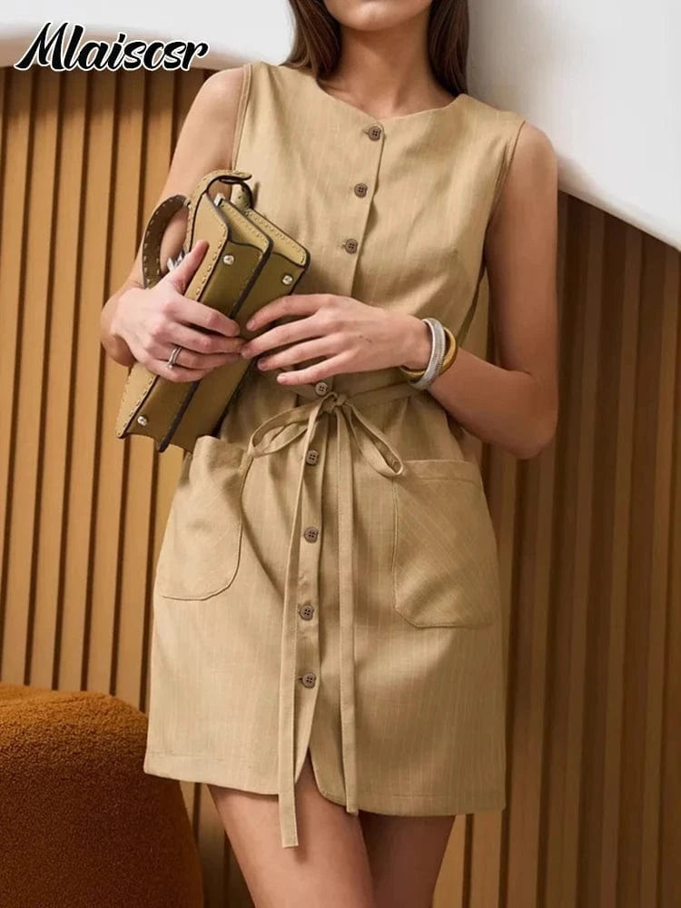 Mlaiscsr Simple Pocket Elegant Office Work Mini Dress Women Summer O Neck Lace-up Button Europe America Birthday Party Vestidos