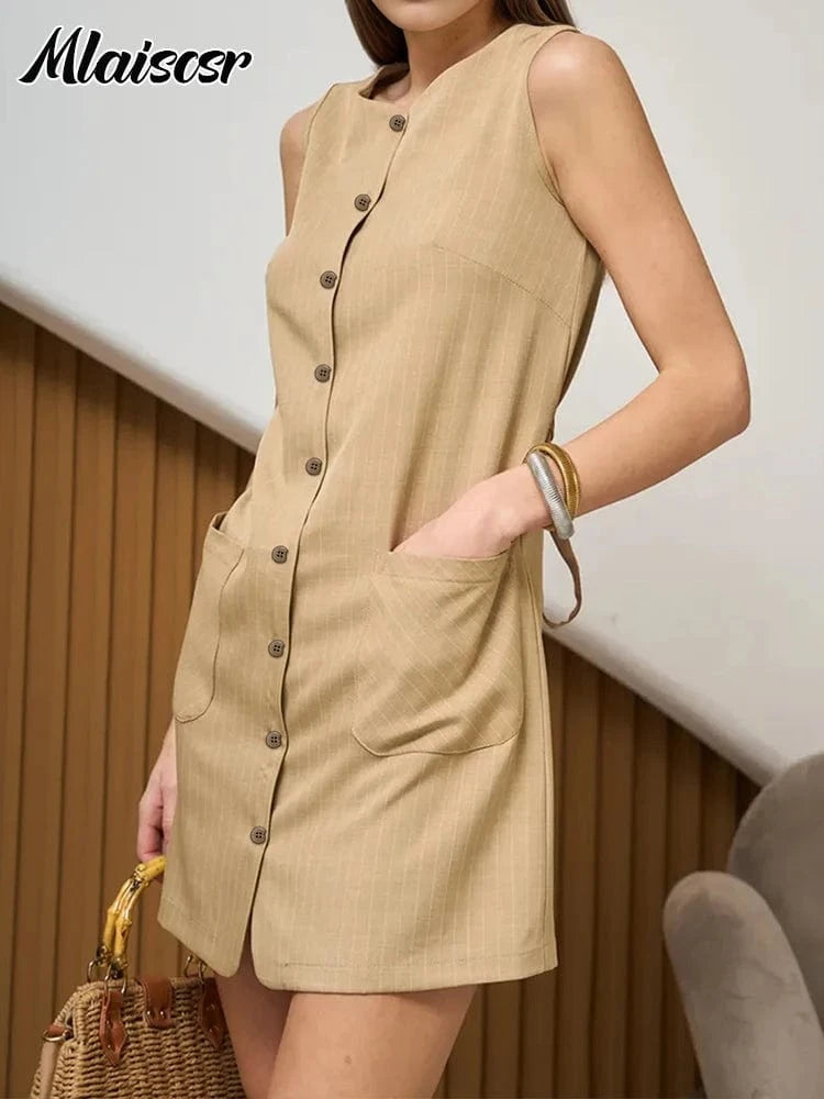 Mlaiscsr Simple Pocket Elegant Office Work Mini Dress Women Summer O Neck Lace-up Button Europe America Birthday Party Vestidos