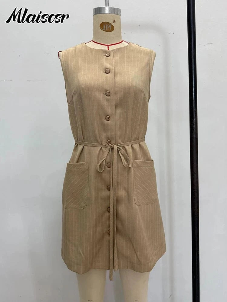 Mlaiscsr Simple Pocket Elegant Office Work Mini Dress Women Summer O Neck Lace-up Button Europe America Birthday Party Vestidos