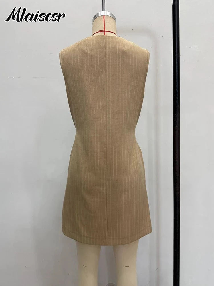 Mlaiscsr Simple Pocket Elegant Office Work Mini Dress Women Summer O Neck Lace-up Button Europe America Birthday Party Vestidos