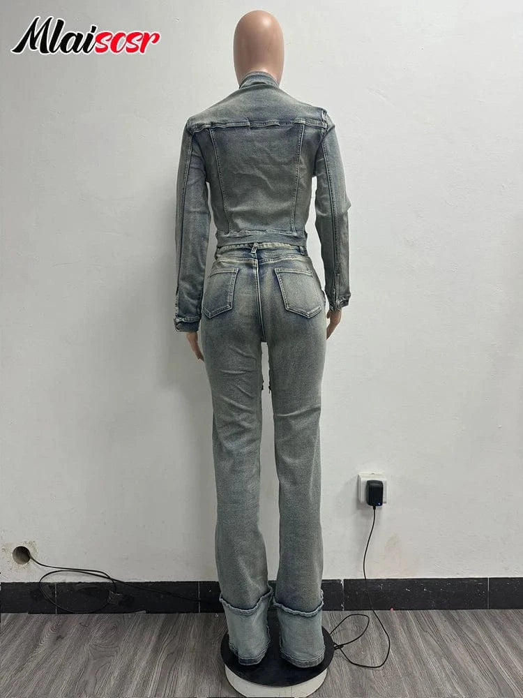 Mlaiscsr Stretch Denim Two Pieces Pants Sets Women Long Sleeve Zipper Short Jacket and Straight Cargo Jeans High Street Outfits