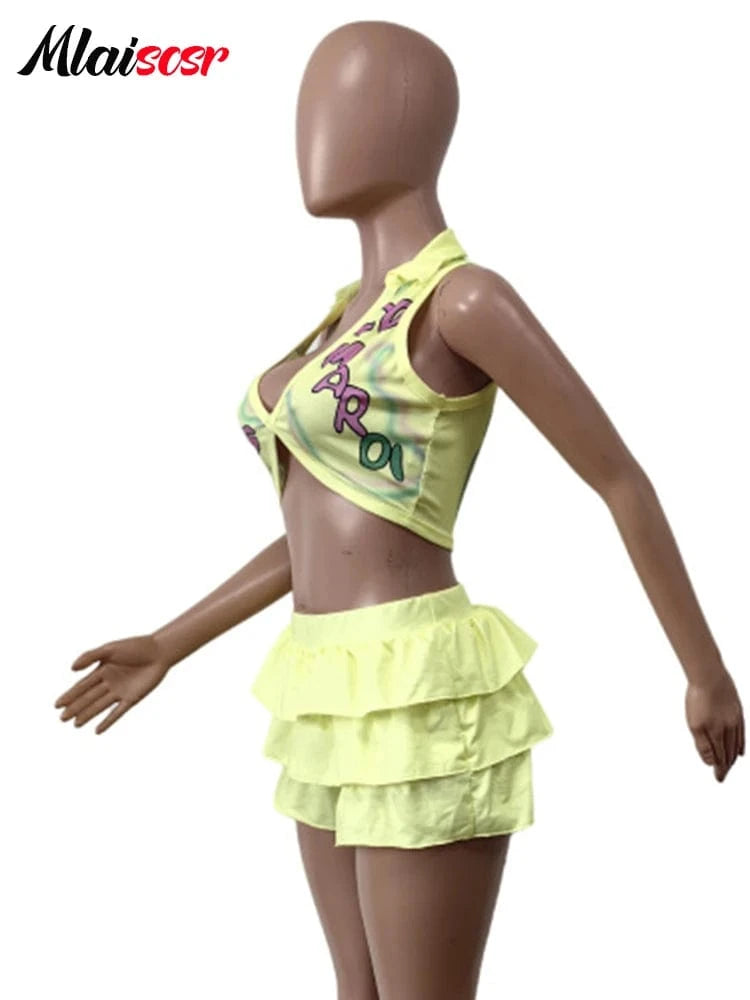 Mlaiscsr Summer Women's Sexy 2 Piece Sleeveless V-Neck Crop Tops and Tiered Ruffles Shorts Skirts Sets Beach Vacation Outfits