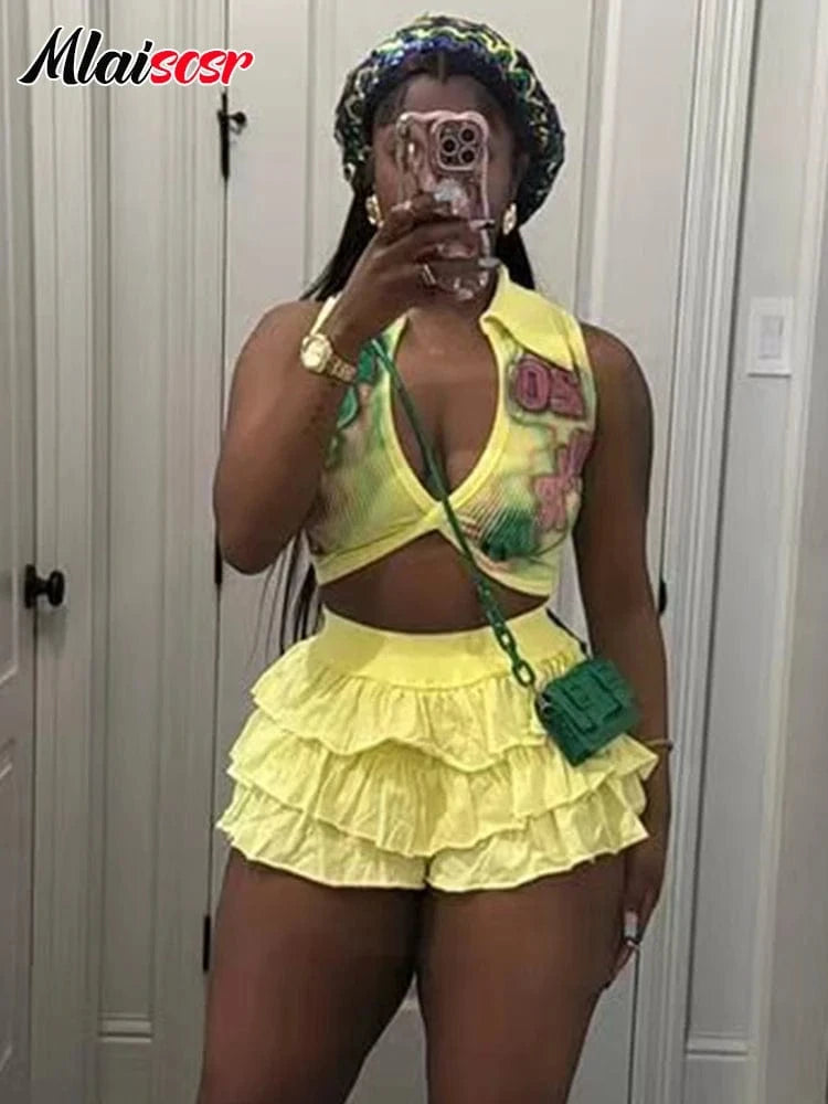 Mlaiscsr Summer Women's Sexy 2 Piece Sleeveless V-Neck Crop Tops and Tiered Ruffles Shorts Skirts Sets Beach Vacation Outfits