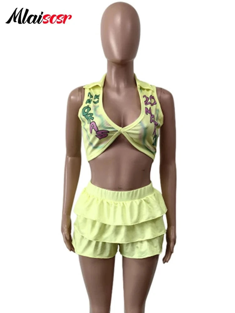 Mlaiscsr Summer Women's Sexy 2 Piece Sleeveless V-Neck Crop Tops and Tiered Ruffles Shorts Skirts Sets Beach Vacation Outfits