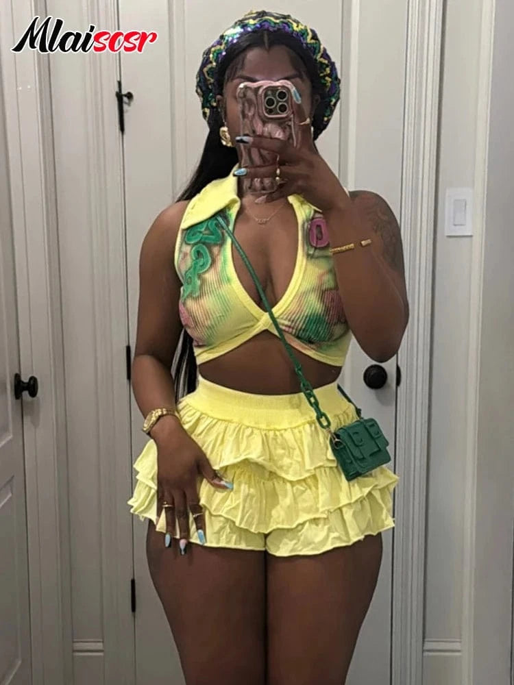 Mlaiscsr Summer Women's Sexy 2 Piece Sleeveless V-Neck Crop Tops and Tiered Ruffles Shorts Skirts Sets Beach Vacation Outfits