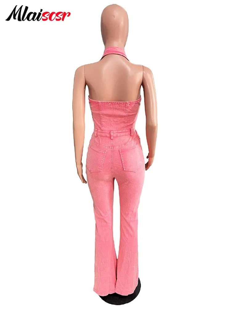 Mlaiscsr Women Pink Stretch Denim Jumpsuit Halter Sleeveless Backless One Pieces Wide Leg Overalls Flare Pants Jeans Rompers New