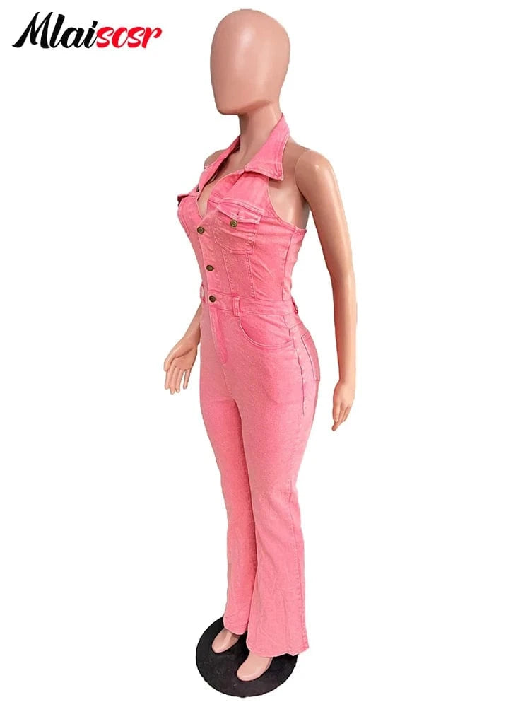 Mlaiscsr Women Pink Stretch Denim Jumpsuit Halter Sleeveless Backless One Pieces Wide Leg Overalls Flare Pants Jeans Rompers New